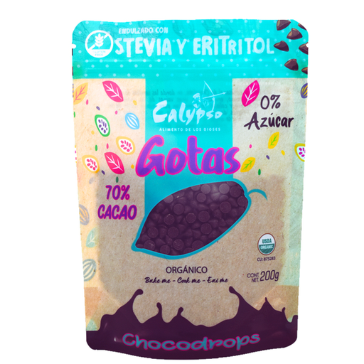 Gotas de Chocolate 70% cacao 0 Azúcar 200g  Stevia y Eritritol Calypso 